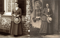 Side by side photos of Beatrix Potter and Debra Miller in costume as her.