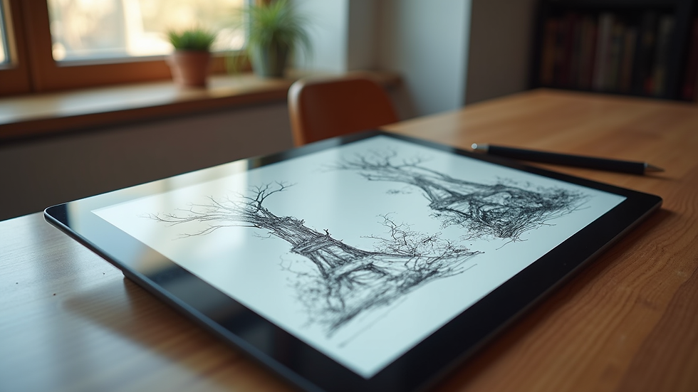 Eye-level view of a digital tablet displaying 2D animation sketches