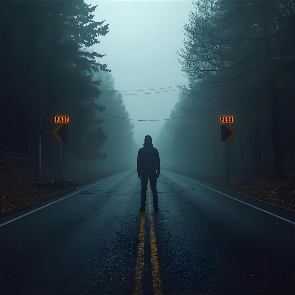 Silhouette of a person on a misty road flanked by trees. Signs read "PIVOT" and "PUSH." Moody atmosphere with a blue-gray color palette.