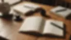 Wide angle view of an open book and notebook on a wooden table