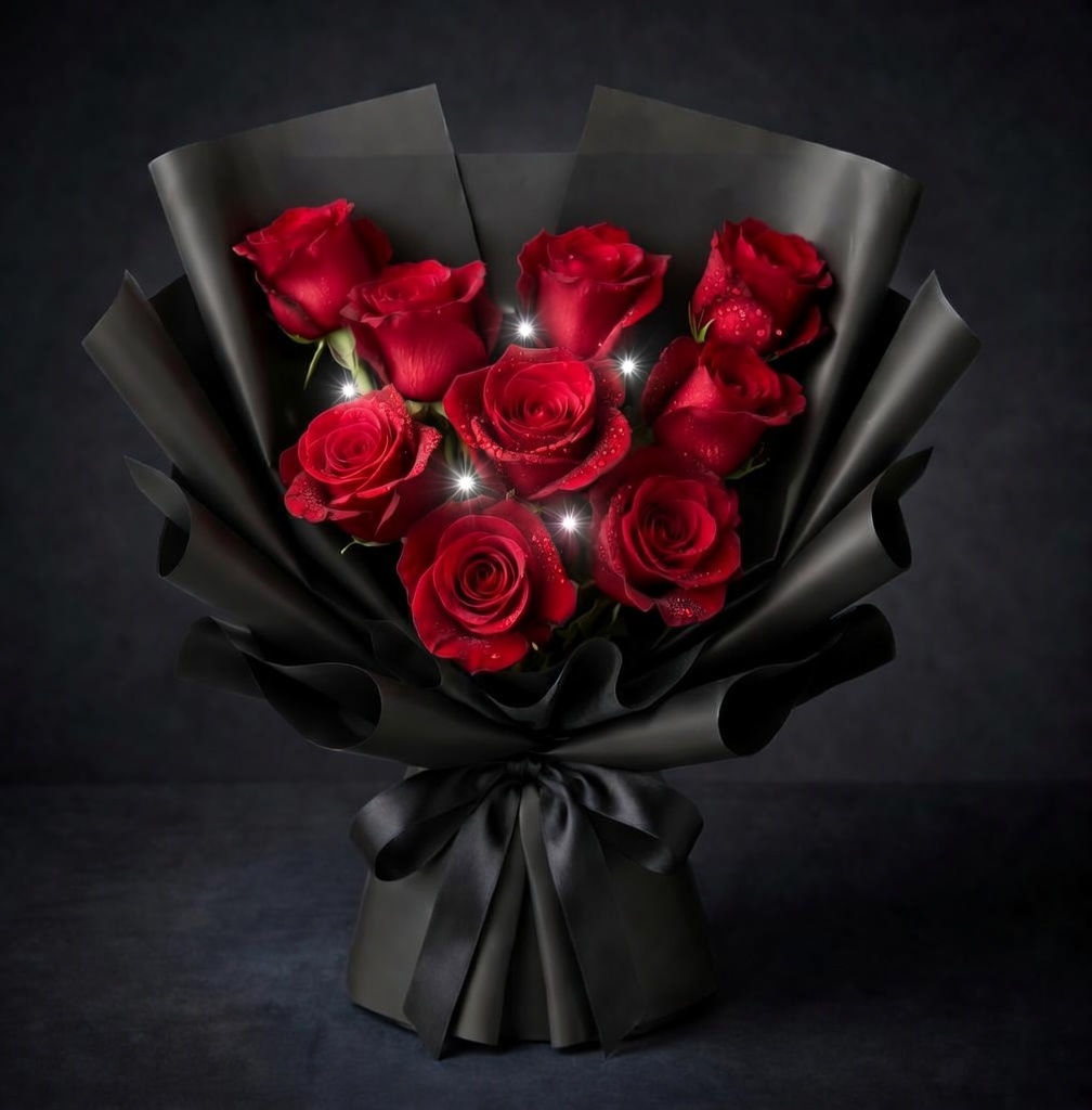 「Starred.Renee No.9 黑色包裝紅玫瑰 9 朵，點綴星光特效與蝴蝶結」