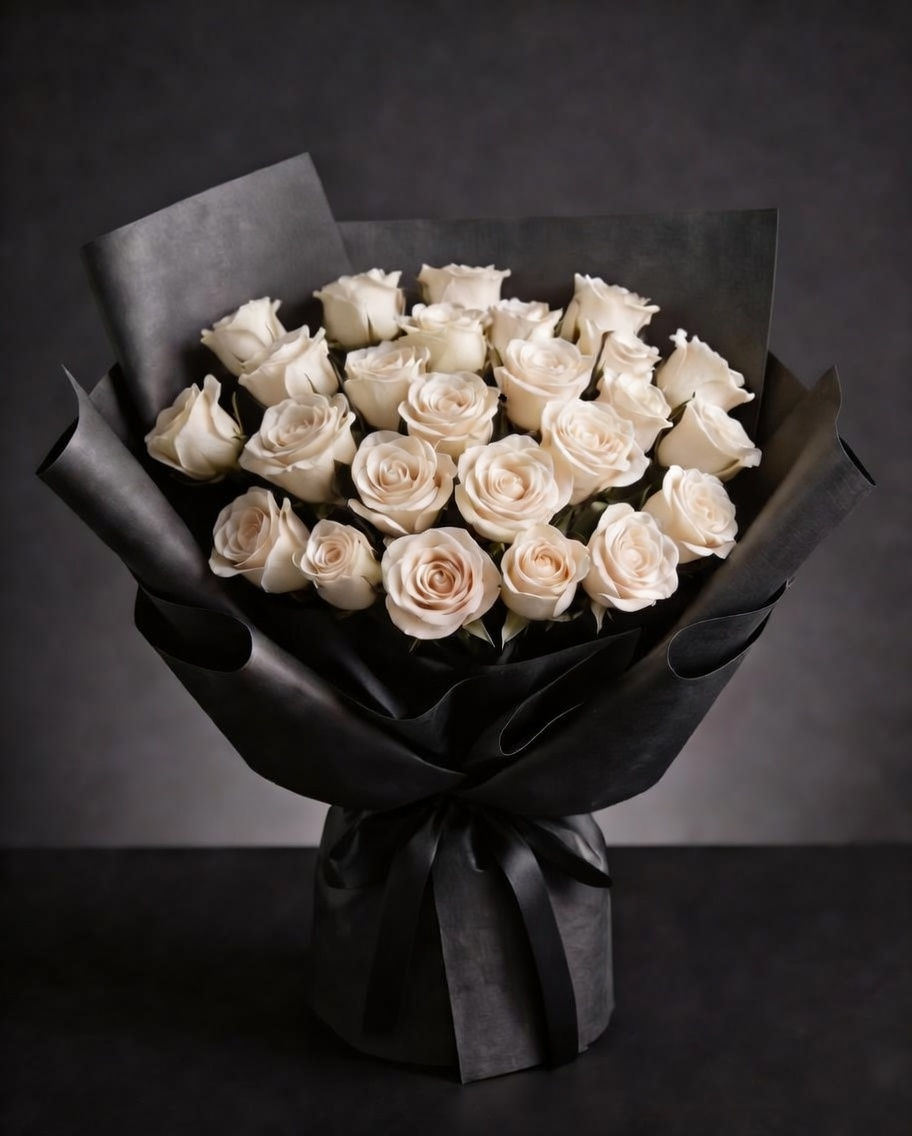 Starred.Rose 25nín 白玫瑰花束，黑色高級包裝襯托 25 朵精選白玫瑰，花瓣間散發點點星光效果，展現高貴且純粹的奢華感