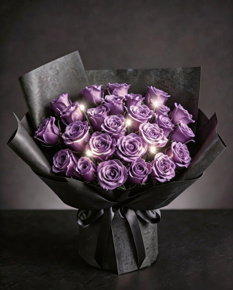 Starred.Rose 25nín 紫色玫瑰花束，黑色高級包裝搭配 25 朵深邃紫玫瑰，花間點綴 LED 星光燈飾，展現極致神祕與奢華永恆感。