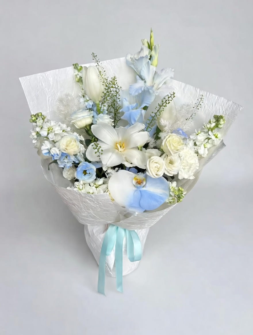 Starred Renee 破曉冰藍精品花束：渲染藍蝴蝶蘭、白百合與淺藍劍蘭，搭配白色褶皺藝術紙包裝。