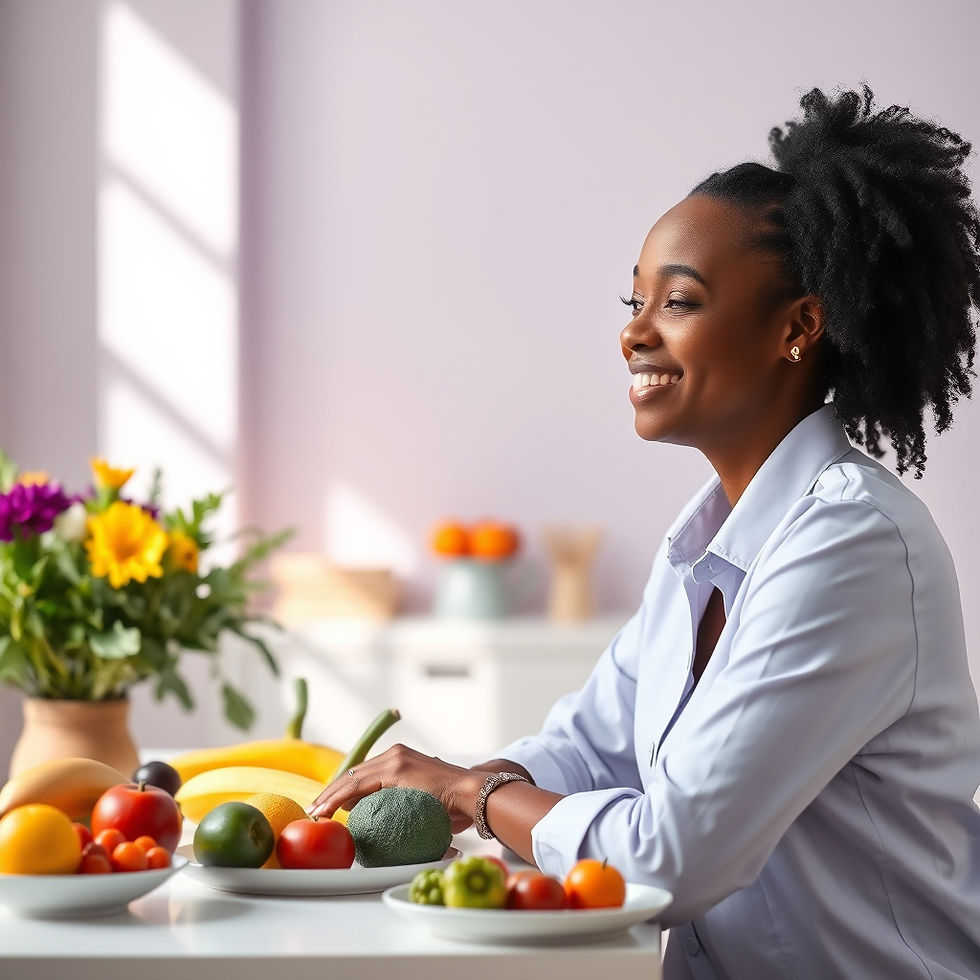 A confident adult smiling softly, sitting at a clean table with fresh colorful fruits and