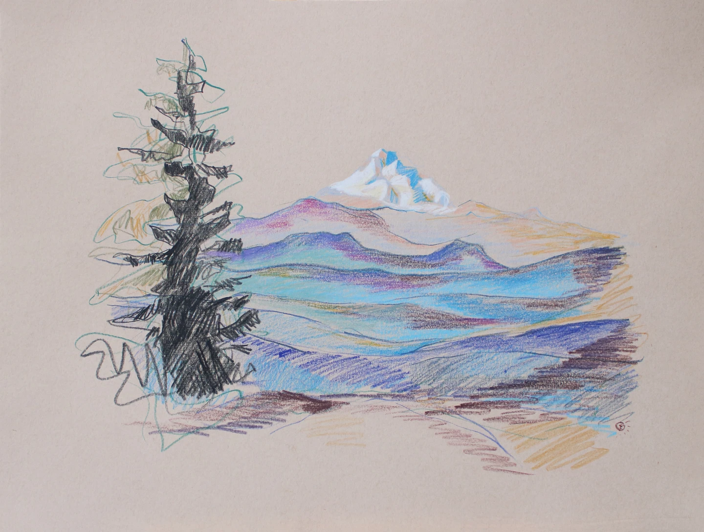 claire christy-tirado, mt jefferson, pnw, pacific northwest artist, prisma color, colored pencil, 100 views of mt hood, mountain scape, oregon, oregon artist