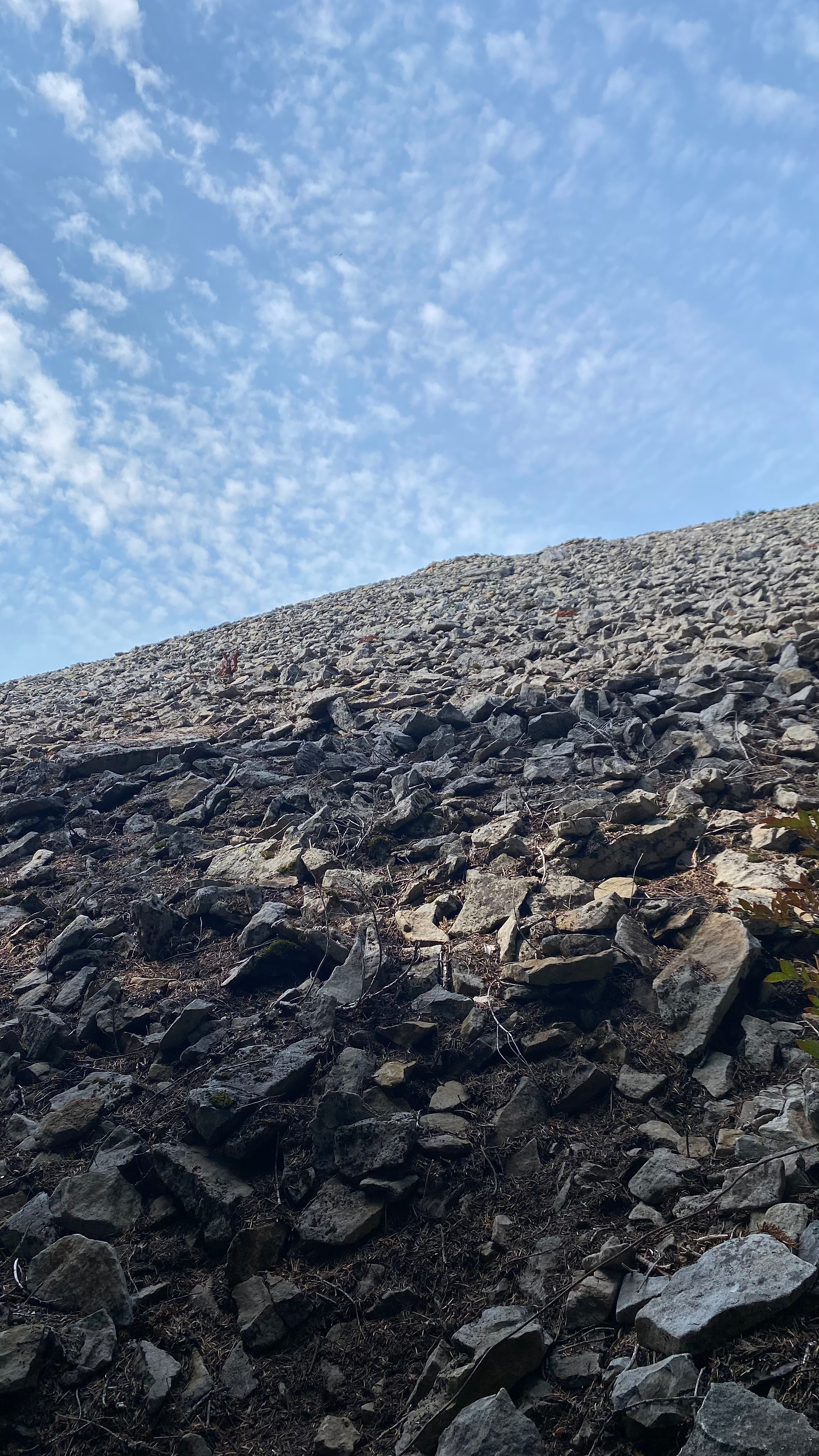 A tallus slope stretches far up into a blue sky dotted with clouds.