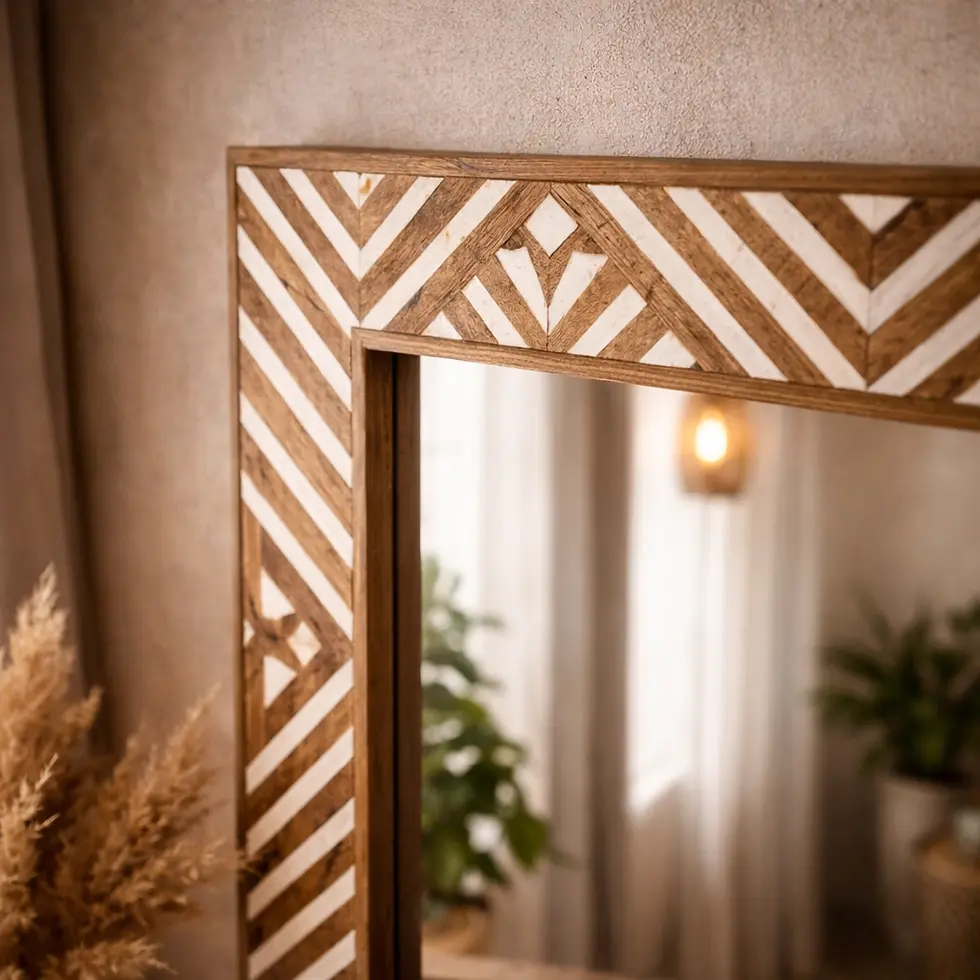 square bone inlay mirror close up