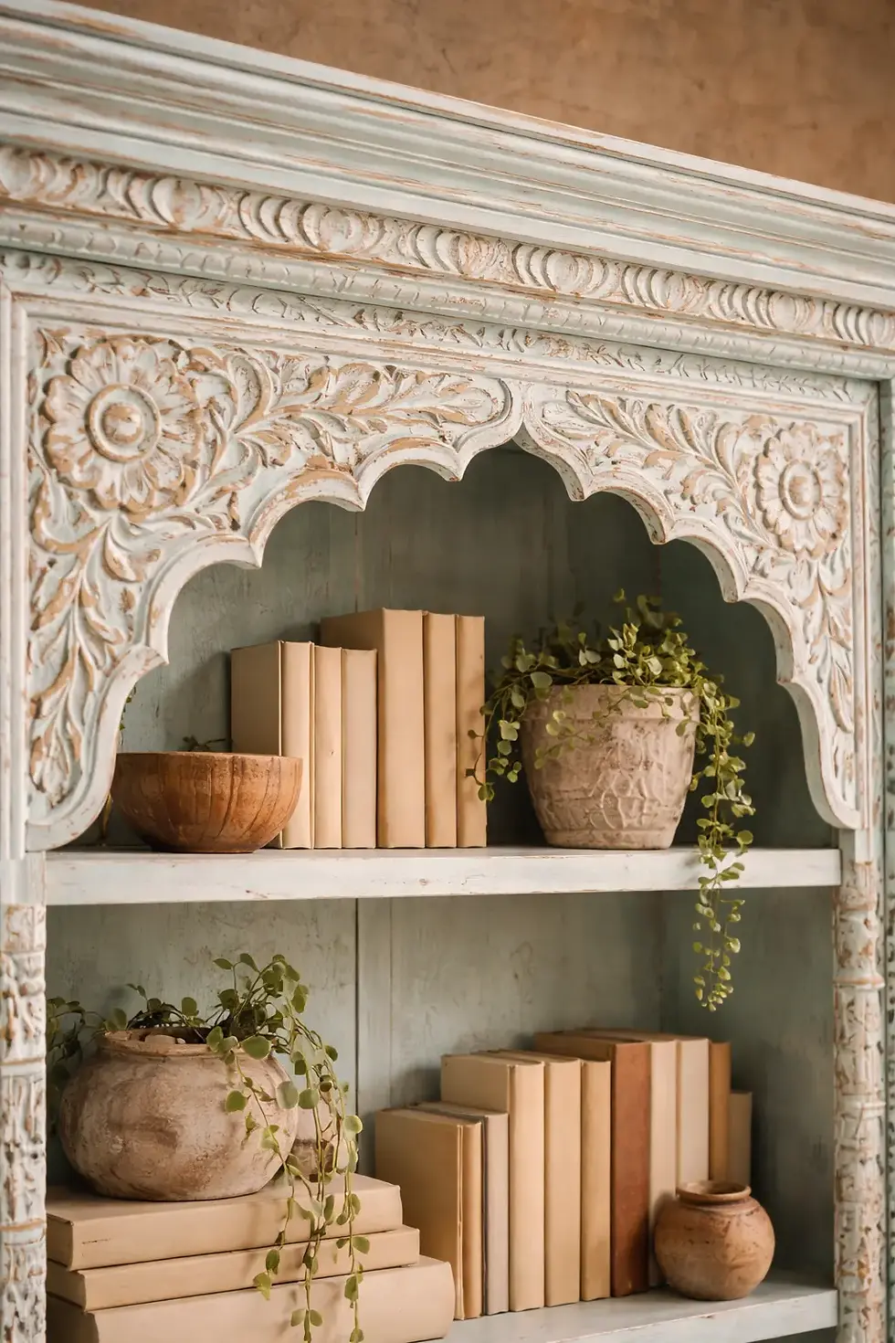 carved wooden book shelf close up