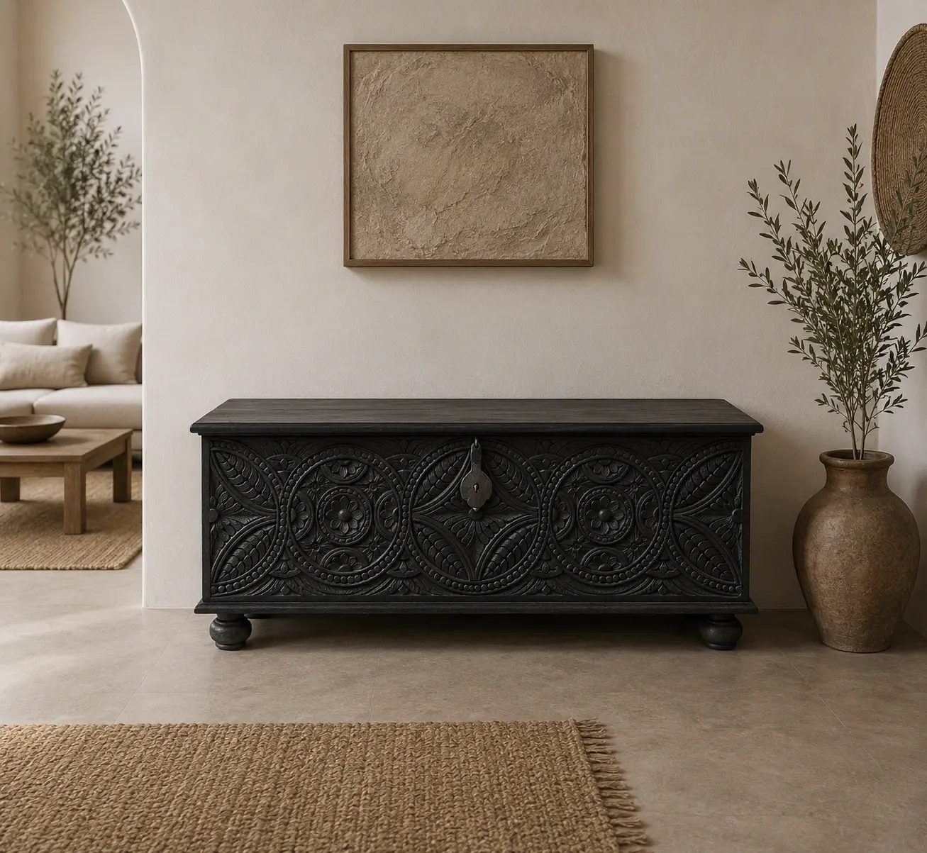 carved wooden trunk