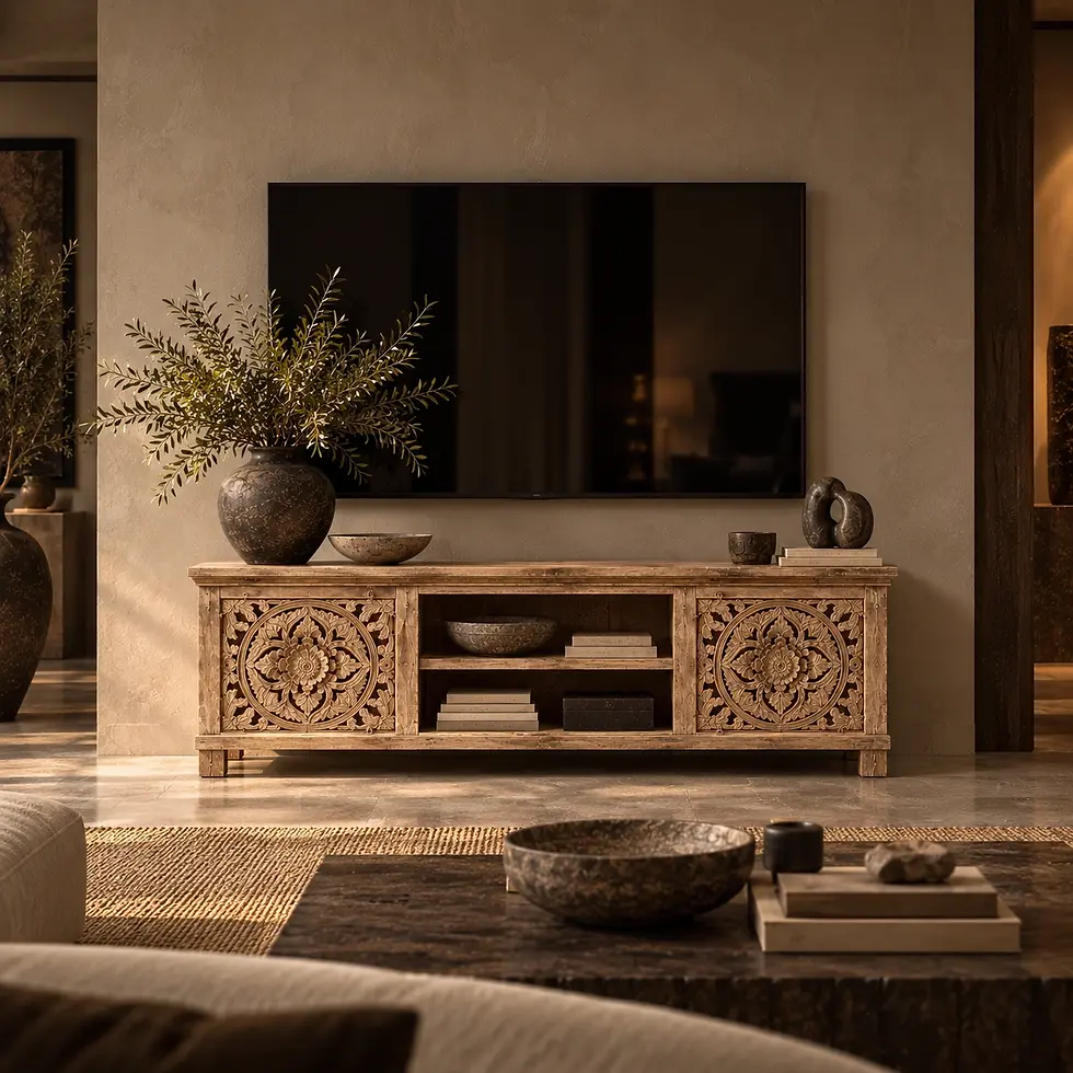 rustic wooden carved media console