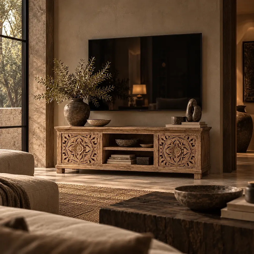 rustic wooden carved media console