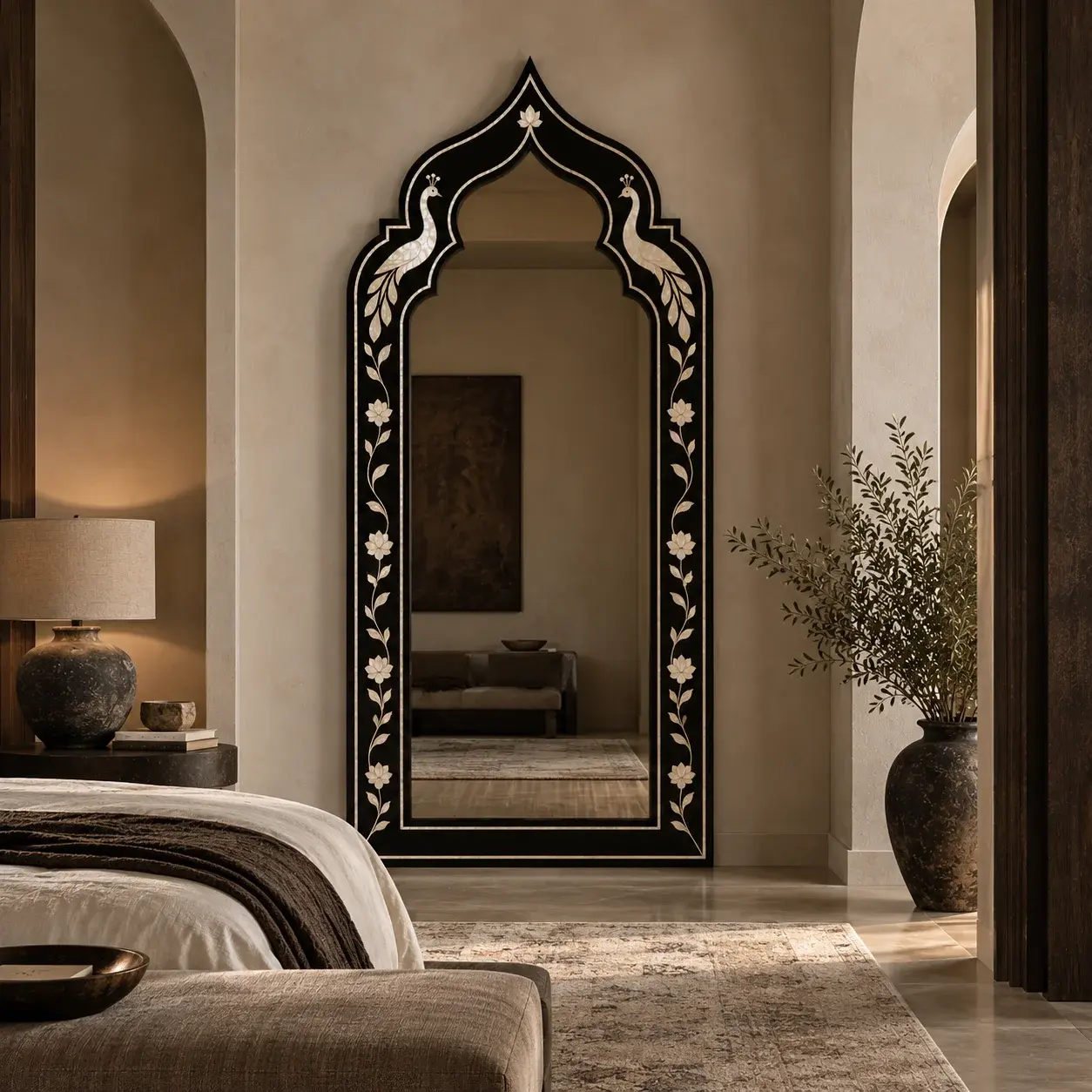mother of pearl inlay arch mirror