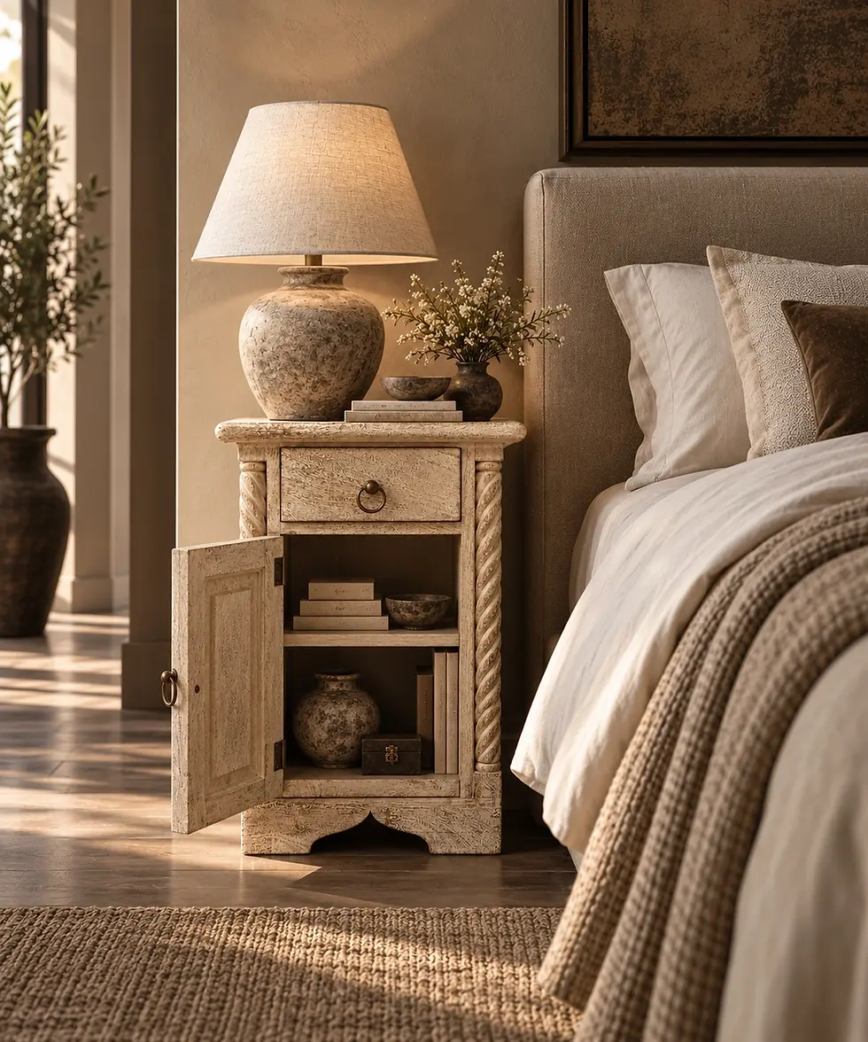 carved white washed wooden bedside table