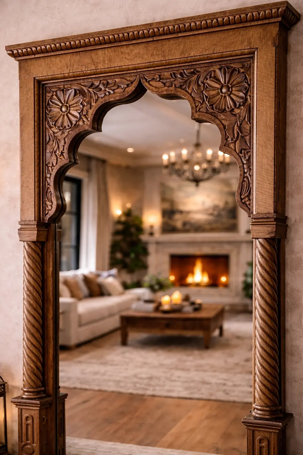 wooden arch mirror close up