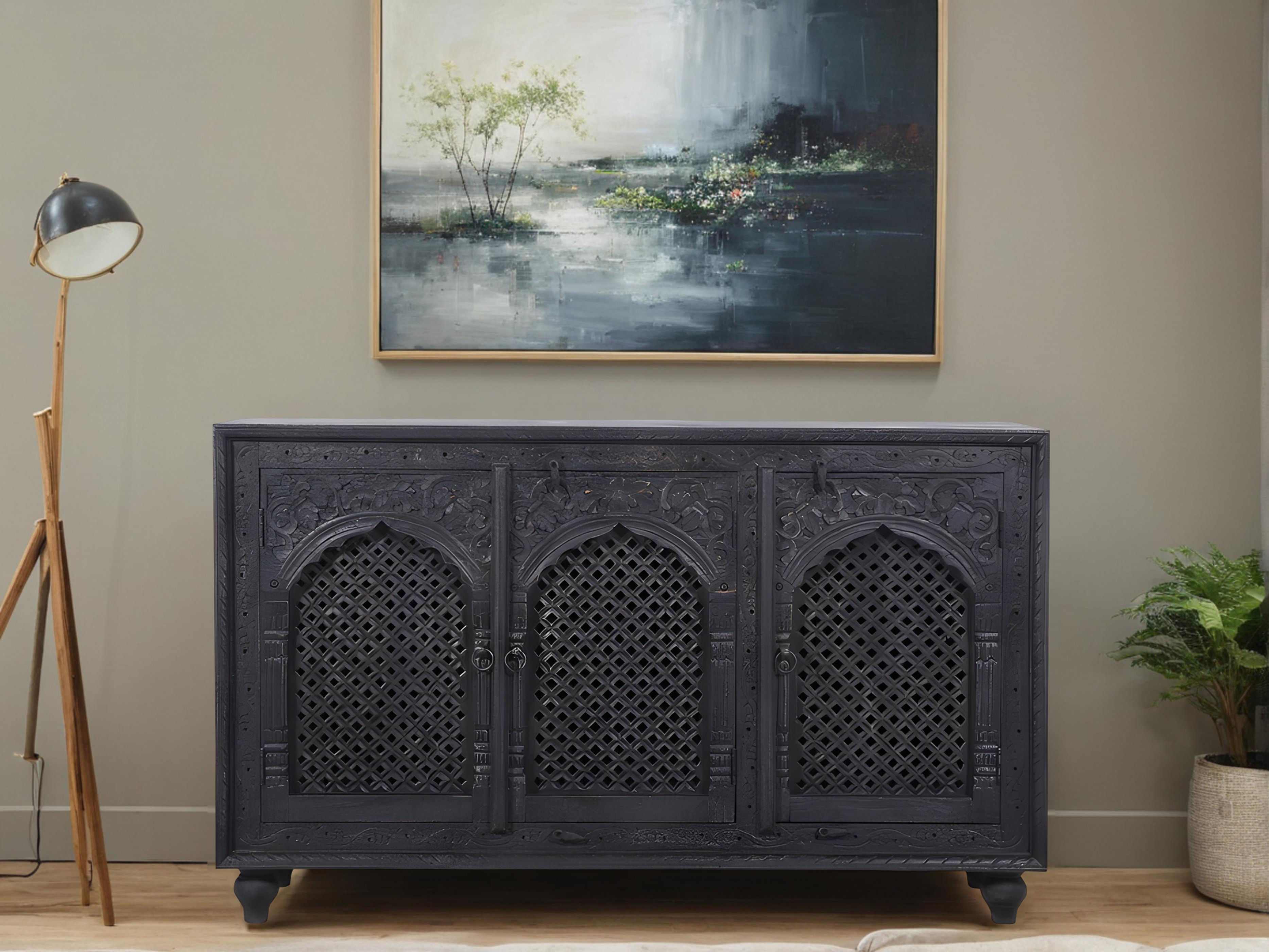 The Gajapati Rustic Black Jaali Sideboard