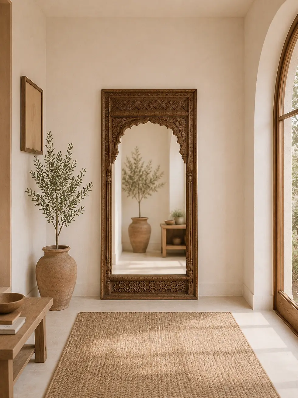 carved wooden arch mirror