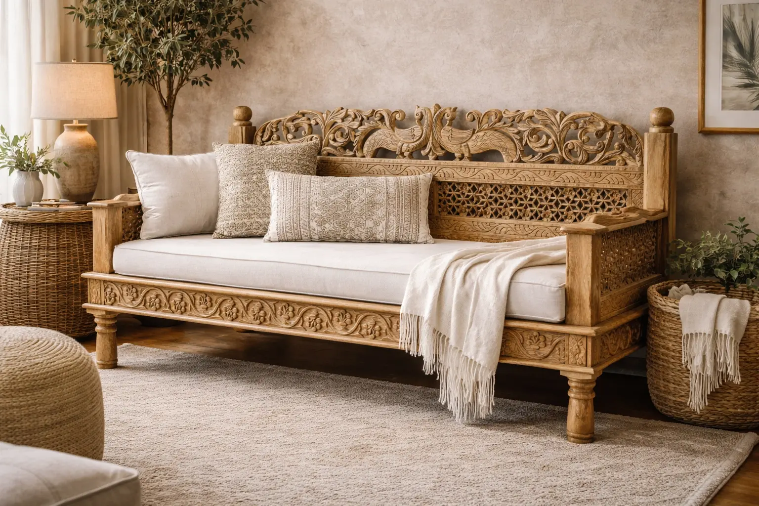 carved wooden day bed
