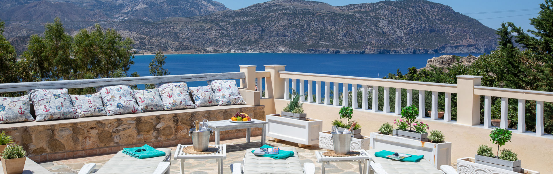 Outdoors, terrace, calming sea vieews. Villa Michel-Angelo, vacational rentals, Karpathos, Greek Islands. 