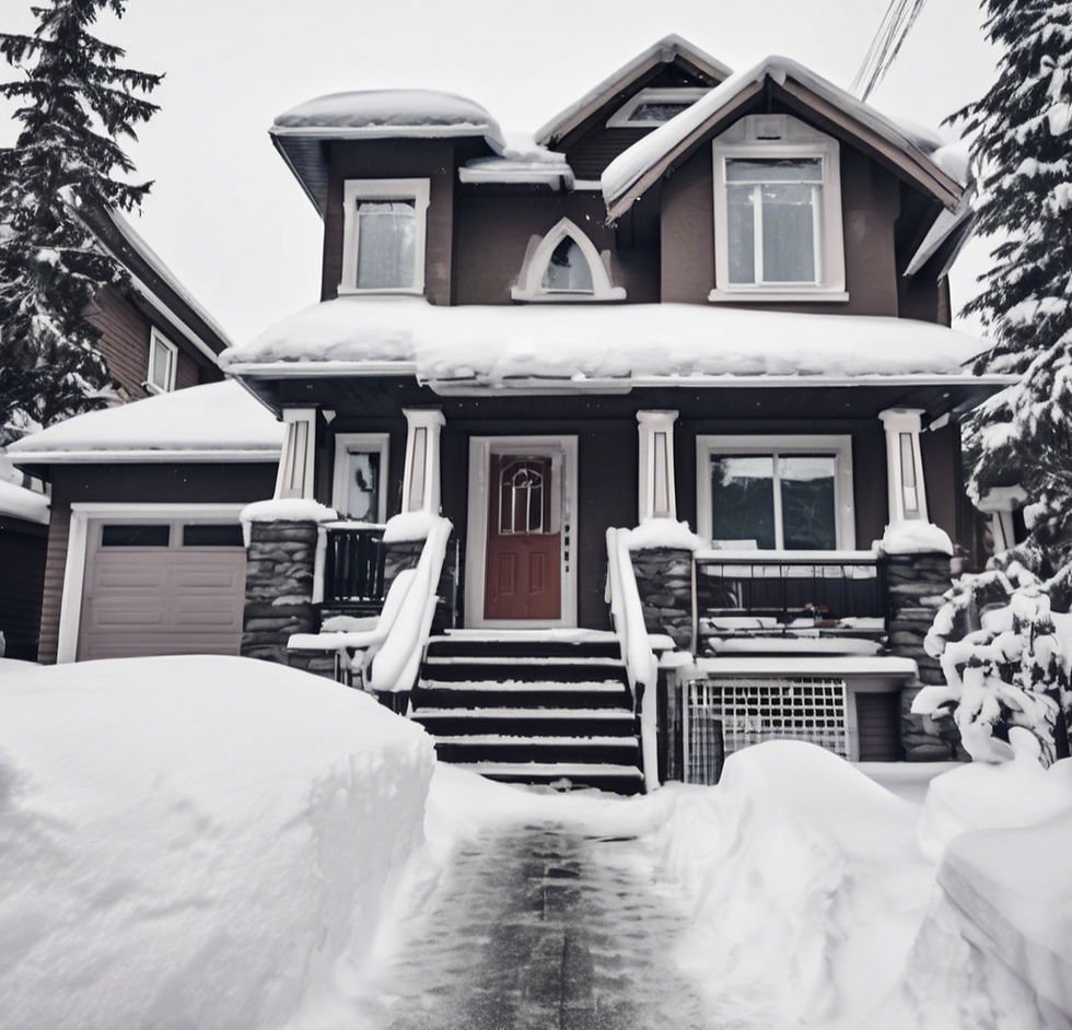 a home in northern bc after a snow fall showing snow and ice on the sidewalk