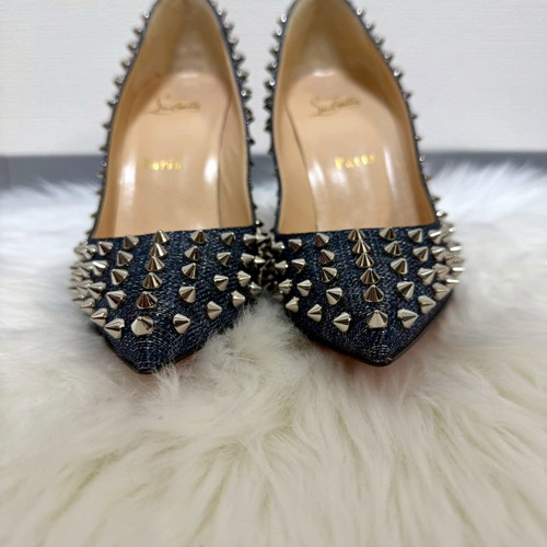 CHRISTIAN LOUBOUTIN Follies Spikes 100 DENIM Lame Lux Pumps 38.5