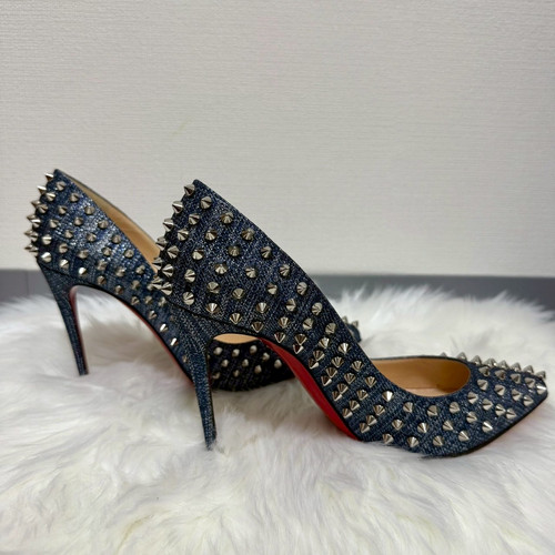 CHRISTIAN LOUBOUTIN Follies Spikes 100 DENIM Lame Lux Pumps 38.5
