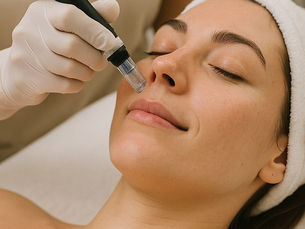 foto von gesicht einer frau und microneedling handstück