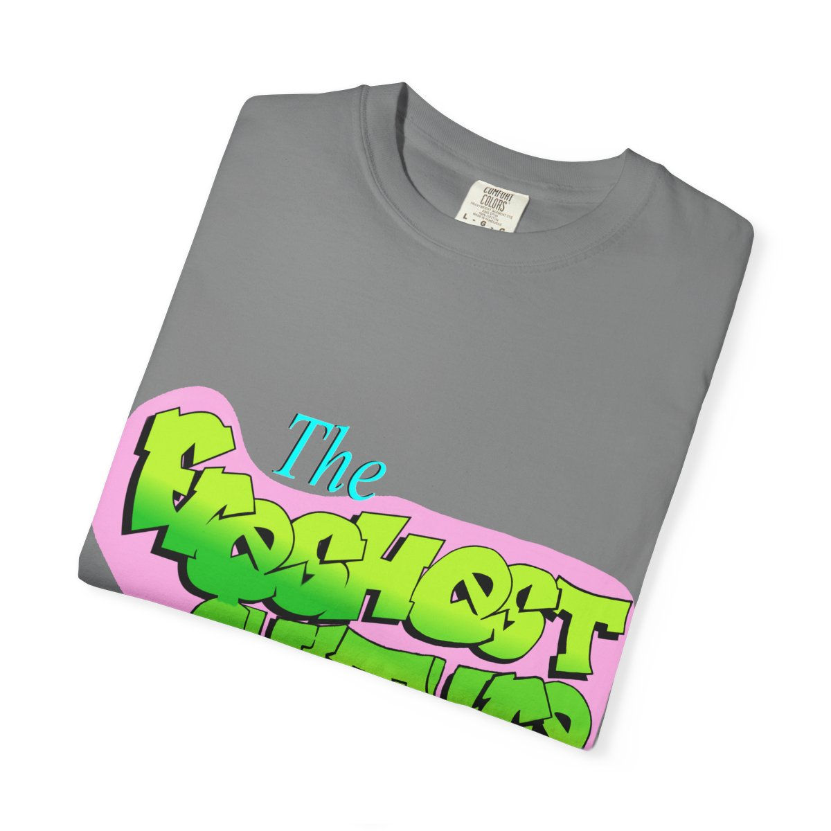 Gray T-shirt with 'The Freshest' text in green and pink
