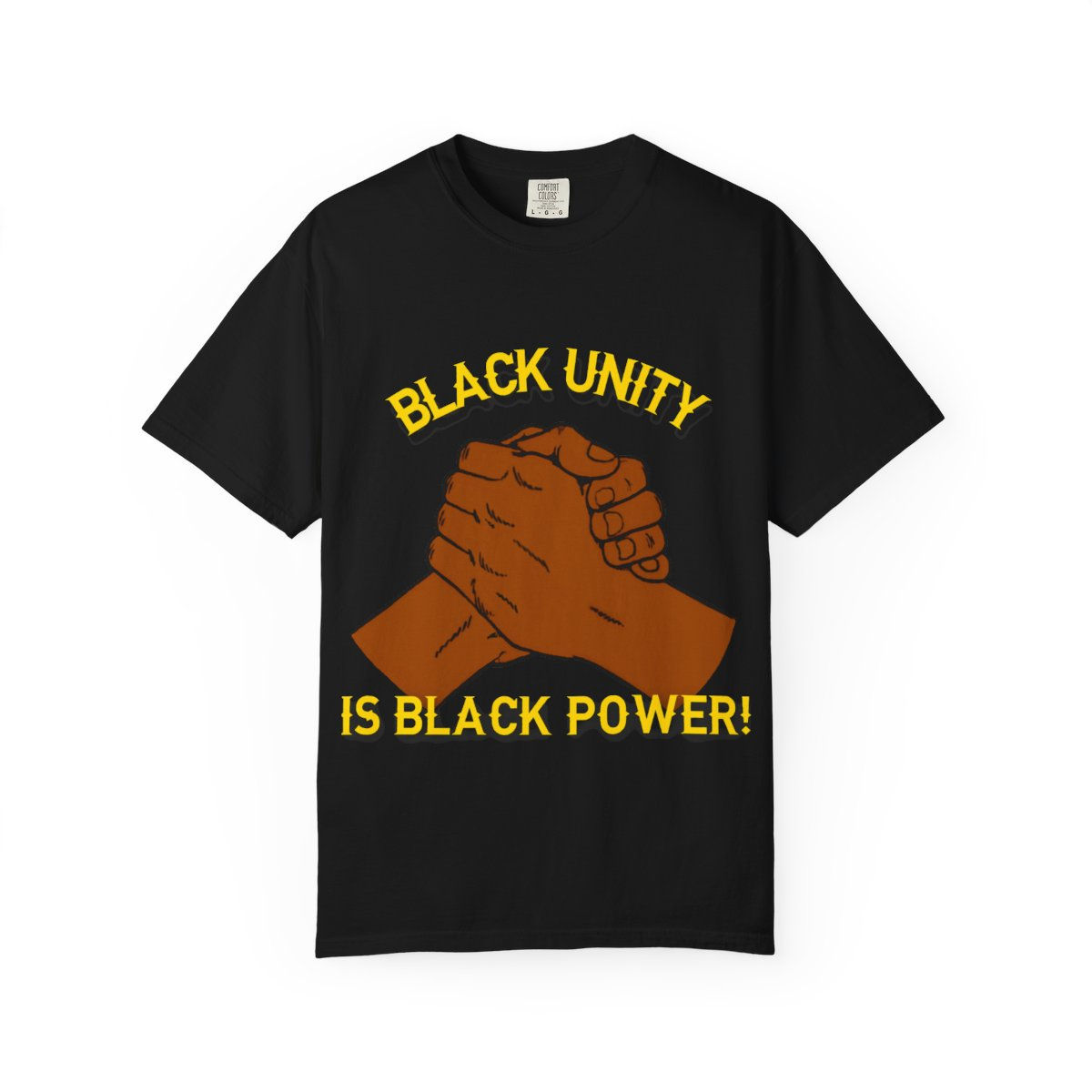 Black t-shirt, 'BLACK UNITY IS BLACK POWER!', clasped hands