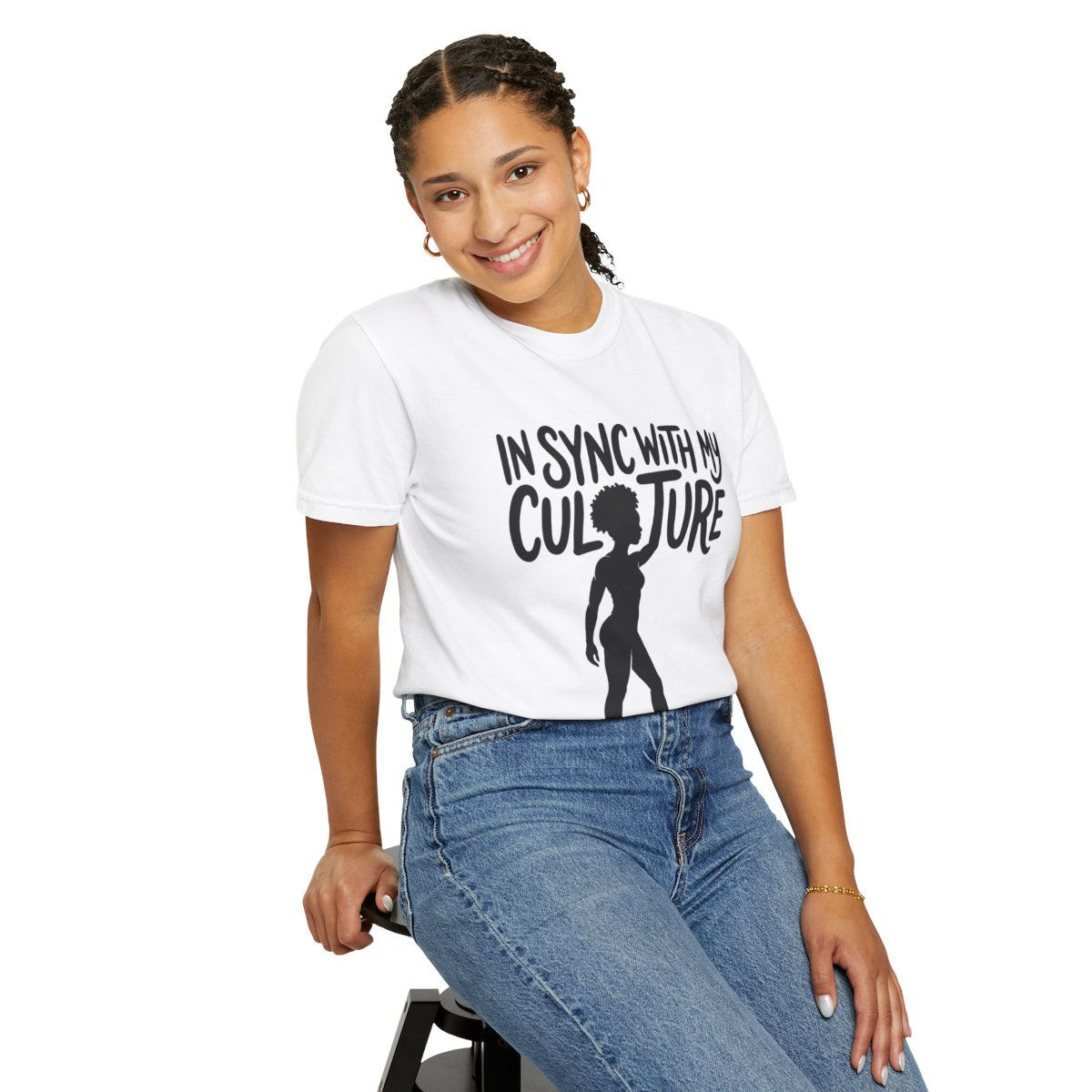 Woman wearing 'IN SYNC WITH MY CULTURE' crop top