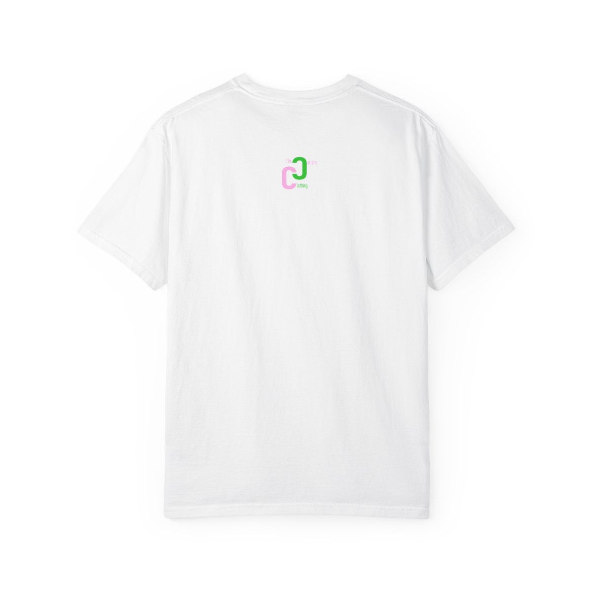 White t-shirt back with pink and green logo