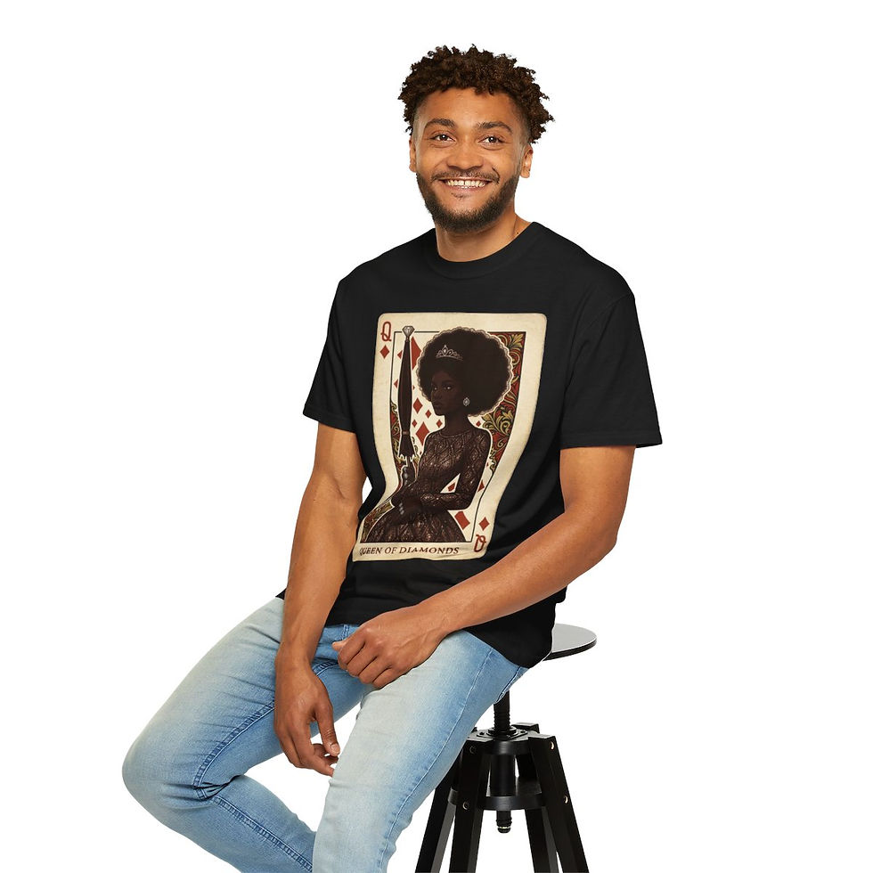 Thumbnail: Smiling man wearing black Queen of Diamond T-shirt
