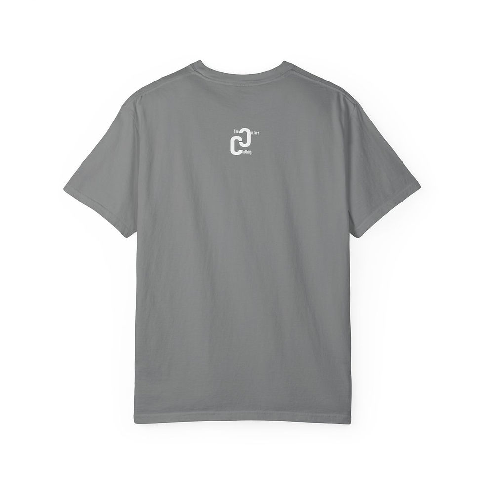 Back of grey t-shirt with small logo