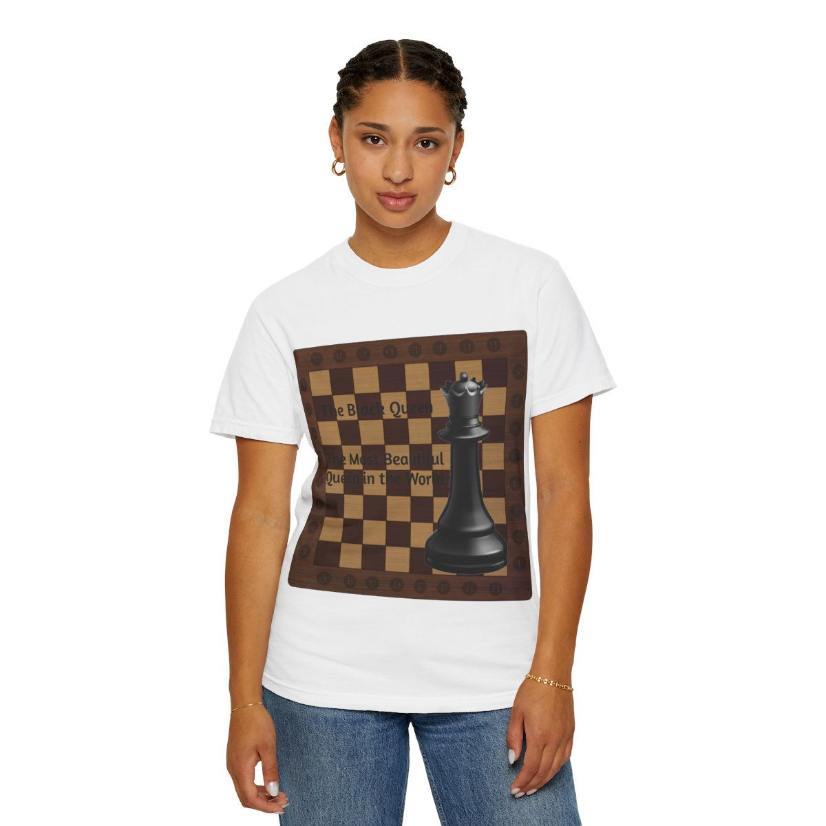 White t-shirt featuring a chess king on a chessboard