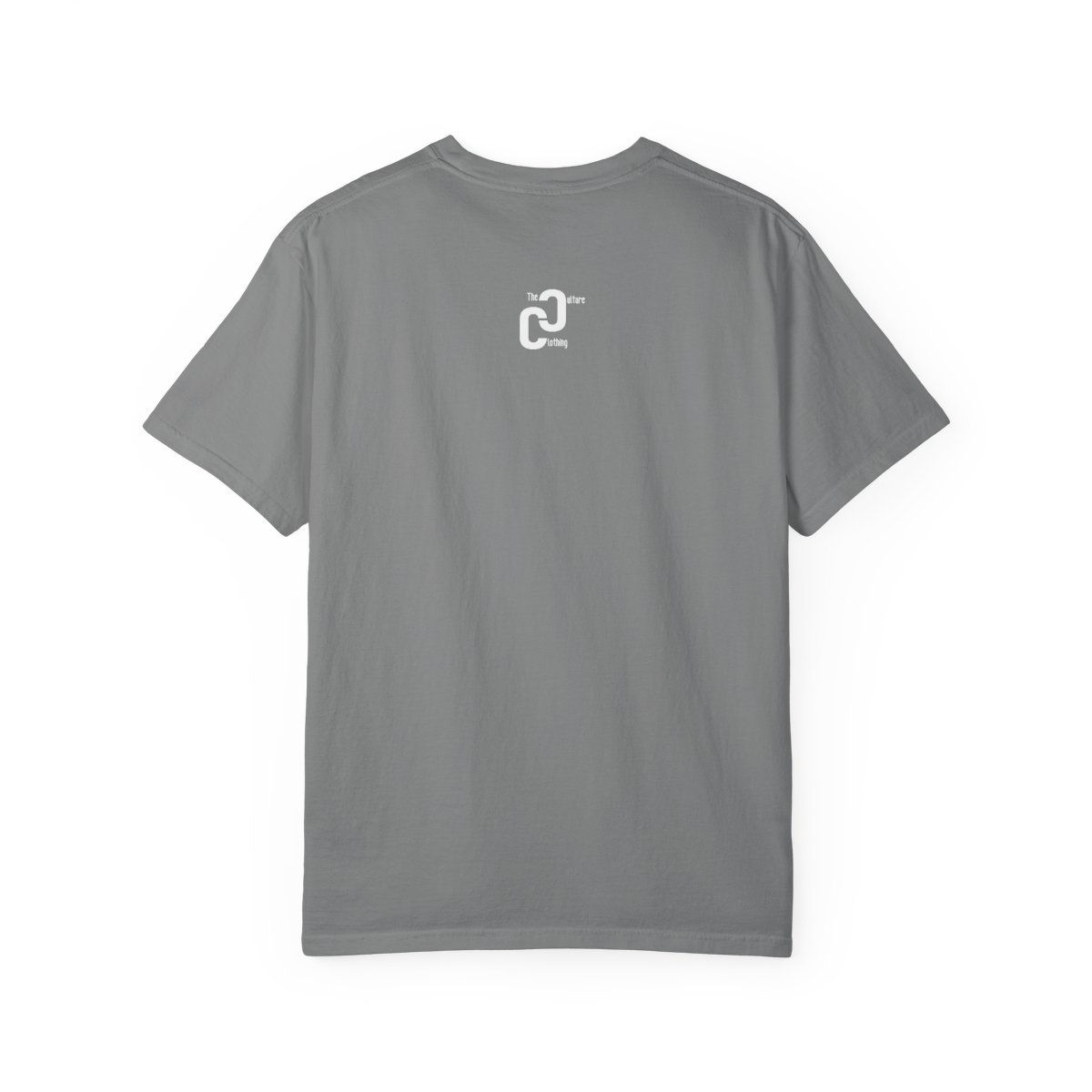 Gray t-shirt, back view with logo