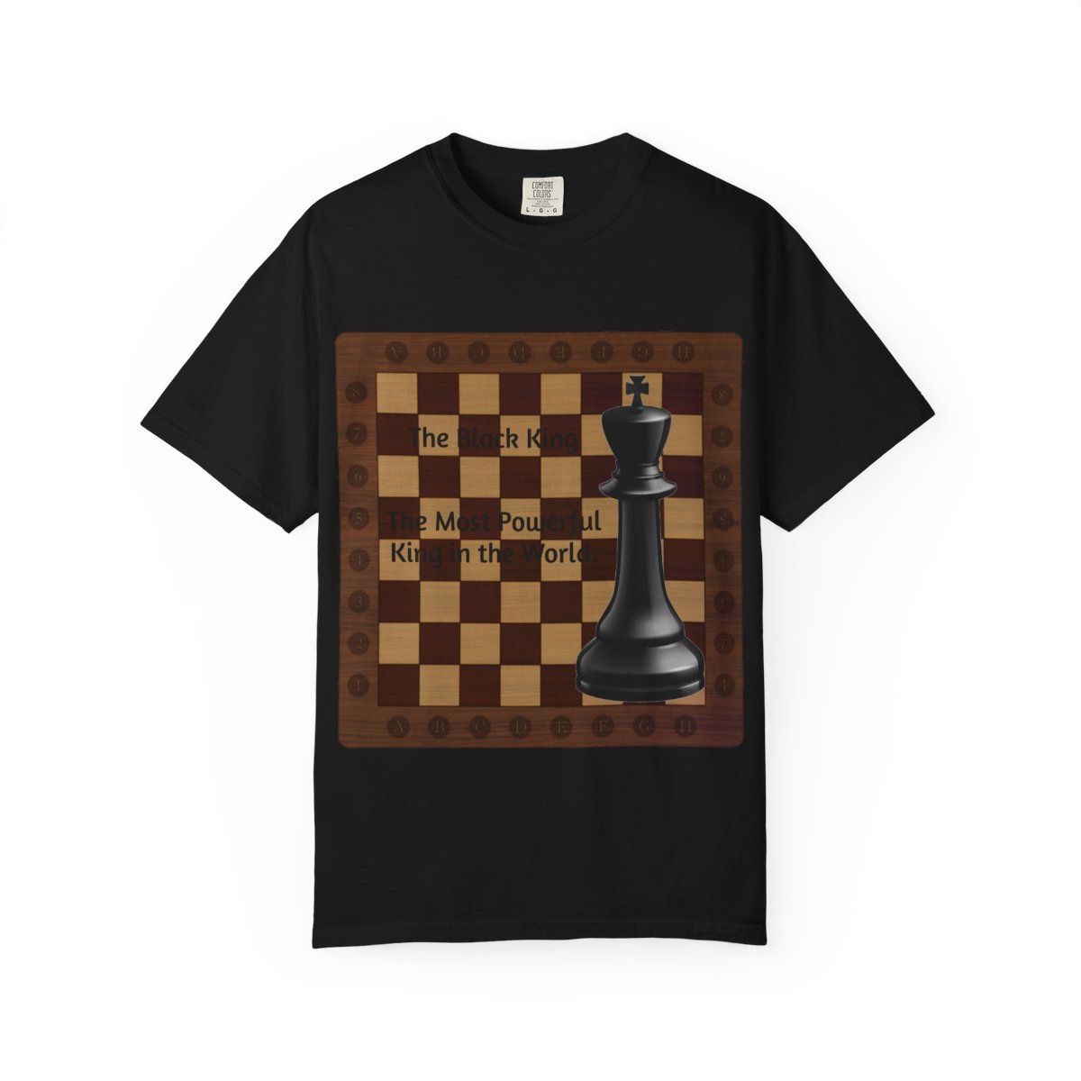 Black T-shirt with a chessboard and chess king design