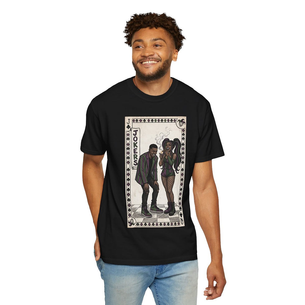 Thumbnail: Smiling man in black Queen of Diamond T-shirt