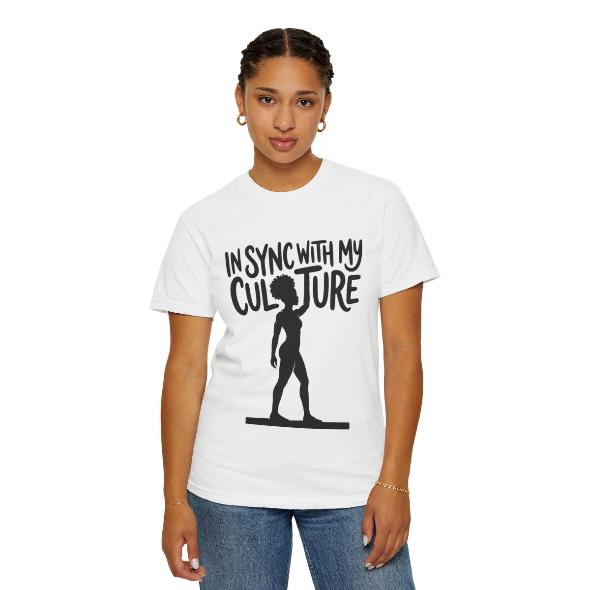 White t-shirt with 'IN SYNC WITH MY CULTURE' text and woman silhouette