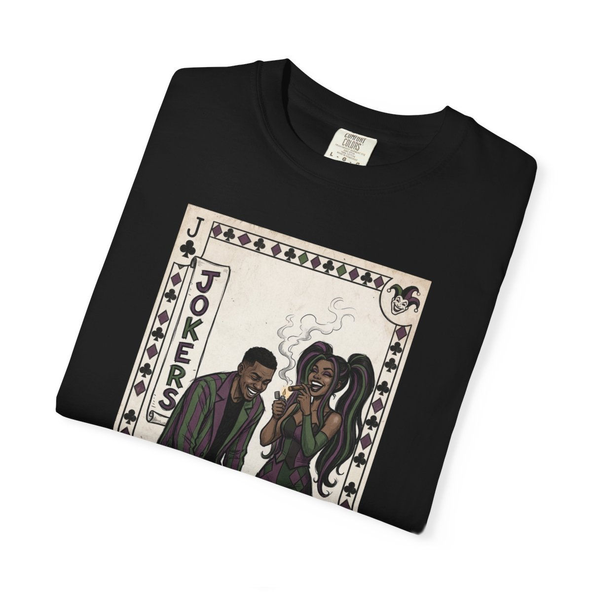 Black t-shirt with 'JOKERS' playing card graphic, two figures