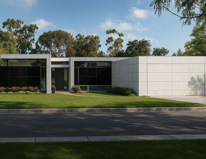 modern home with black tiled entrance and feature window that wraps around the house