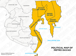 Political map of Metro Davao, highlighting Davao City as the core along with its surrounding component cities and municipalities such as Digos, Panabo, Tagum, Samal, and Sta. Cruz, showing their boundaries and proximity within the Davao Region.