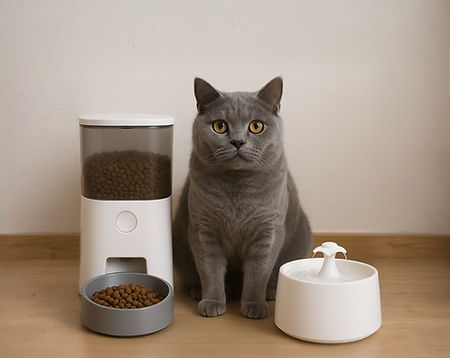 Gatto vicino al dispenser di cibo per gatti e fontanella d'acqua