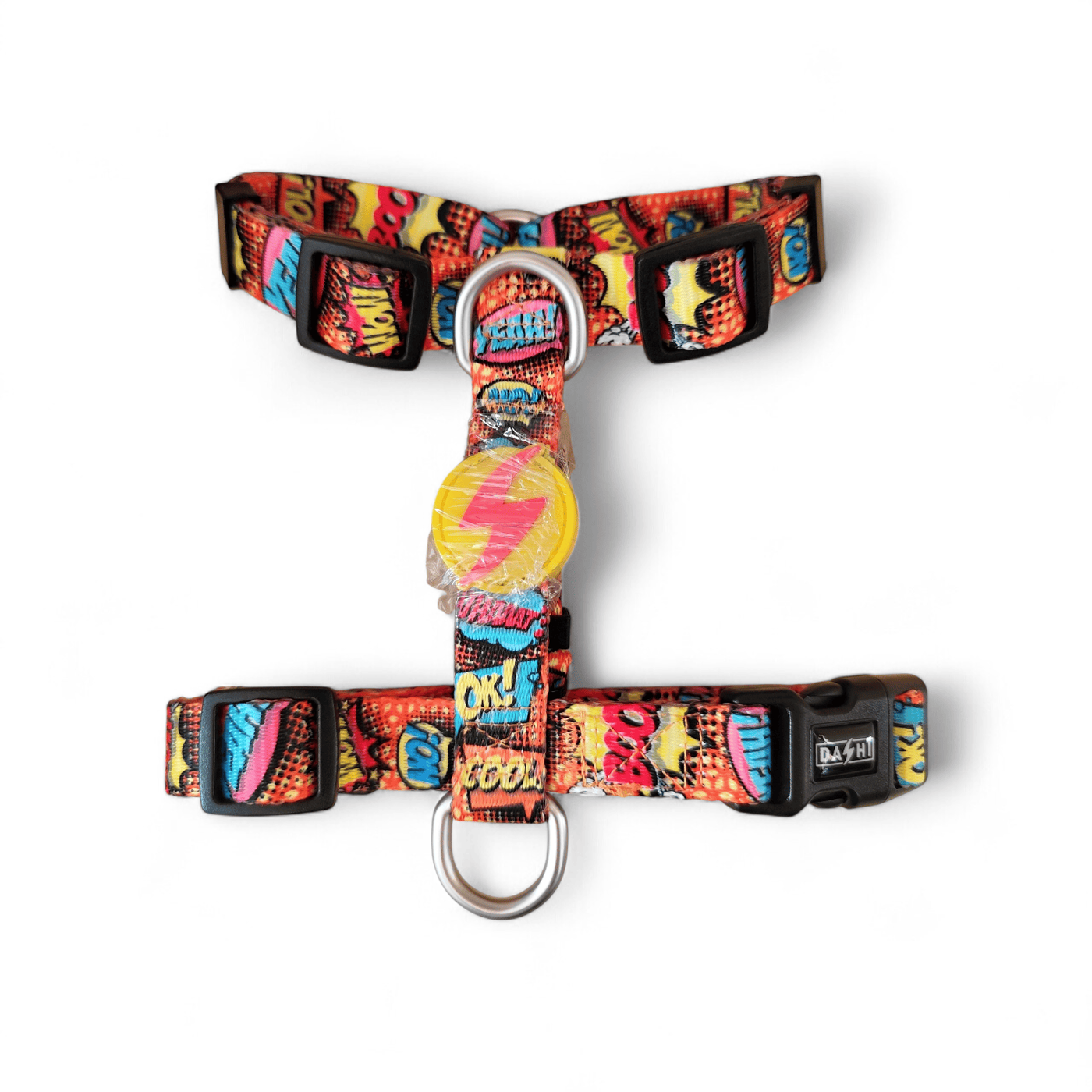 Pettorina Dashi Boom con design grafico ispirato ai fumetti pop art.