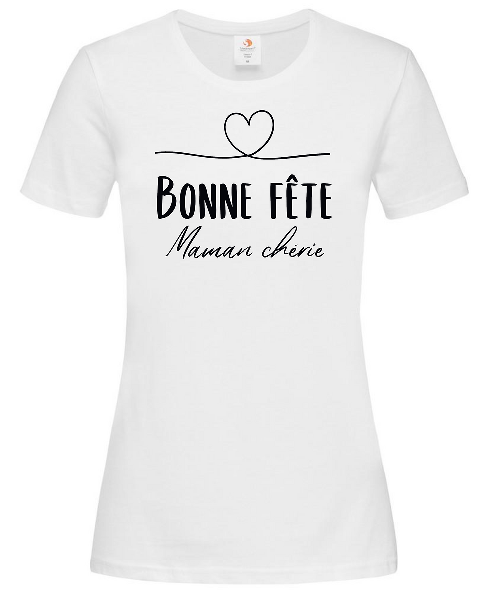 T-shirt blanc avec Bonnes Fêtes Maman Chérie et un cœur, cadeau maman.