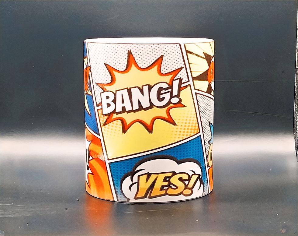 Mug blanc avec des bulles de BD qui disent : BANG! YES! Graphisme FLOCTOP.