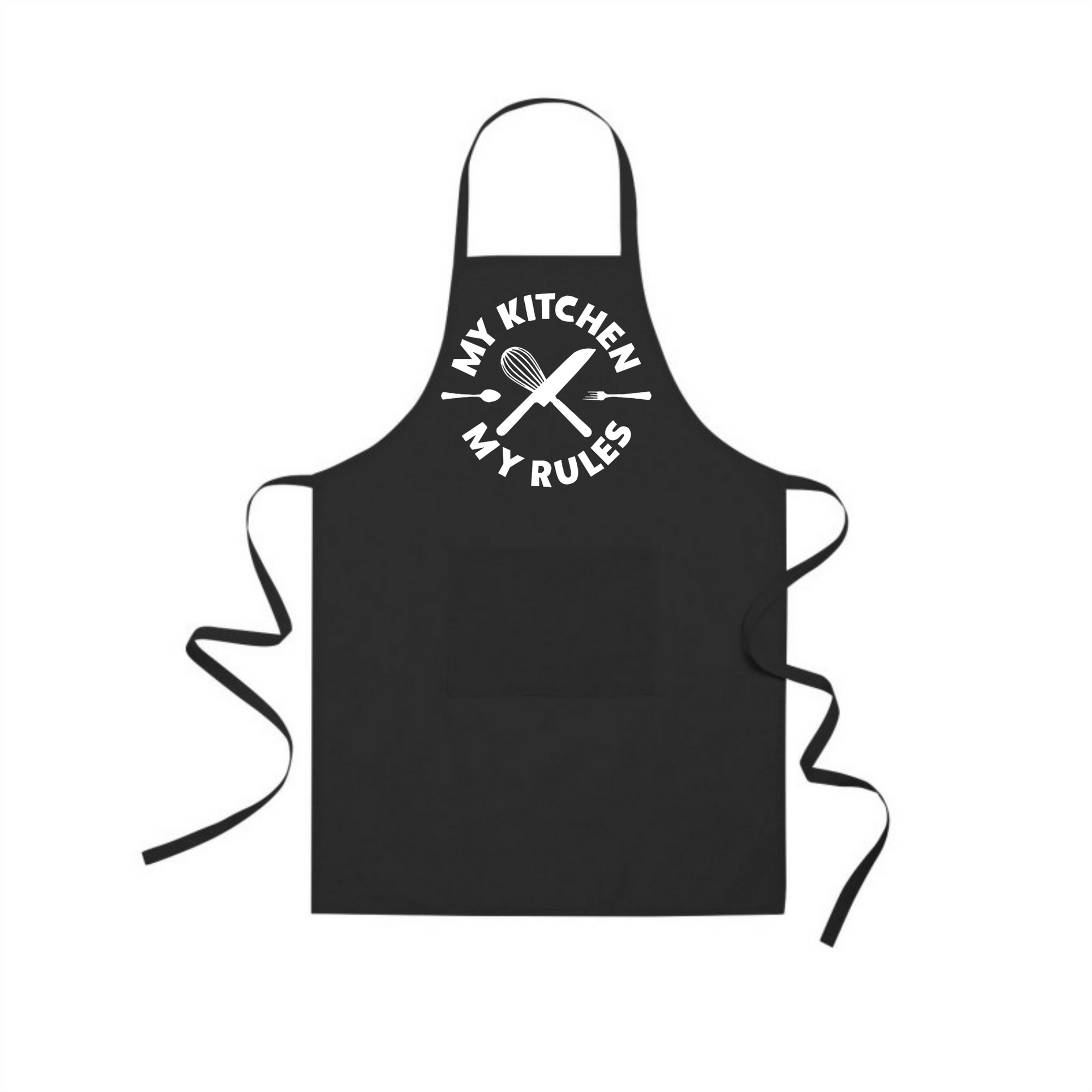 Tablier de cuisine noir avec le texte "MY KITCHEN MY RULES". FLOCTOP.