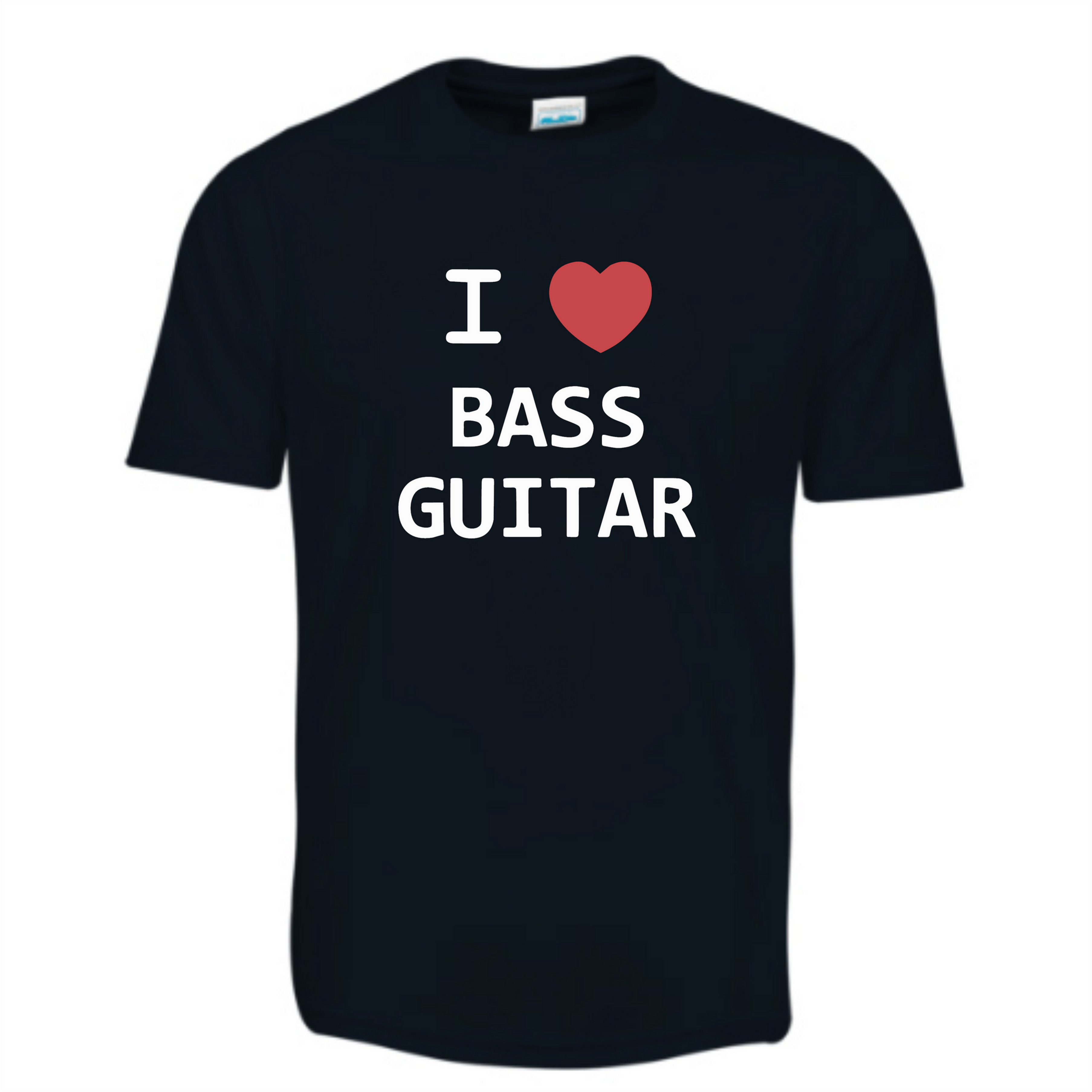 T-shirt noir avec texte "I ❤️ BASS GUITAR" dans un contexte musical.