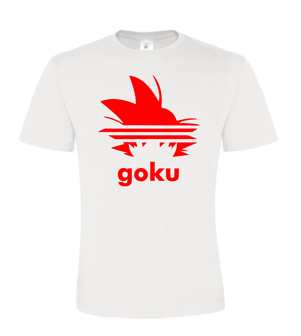 T-shirt blanc avec logo rouge Goku. T-shirt Goku floctop. Le personnage de manga.