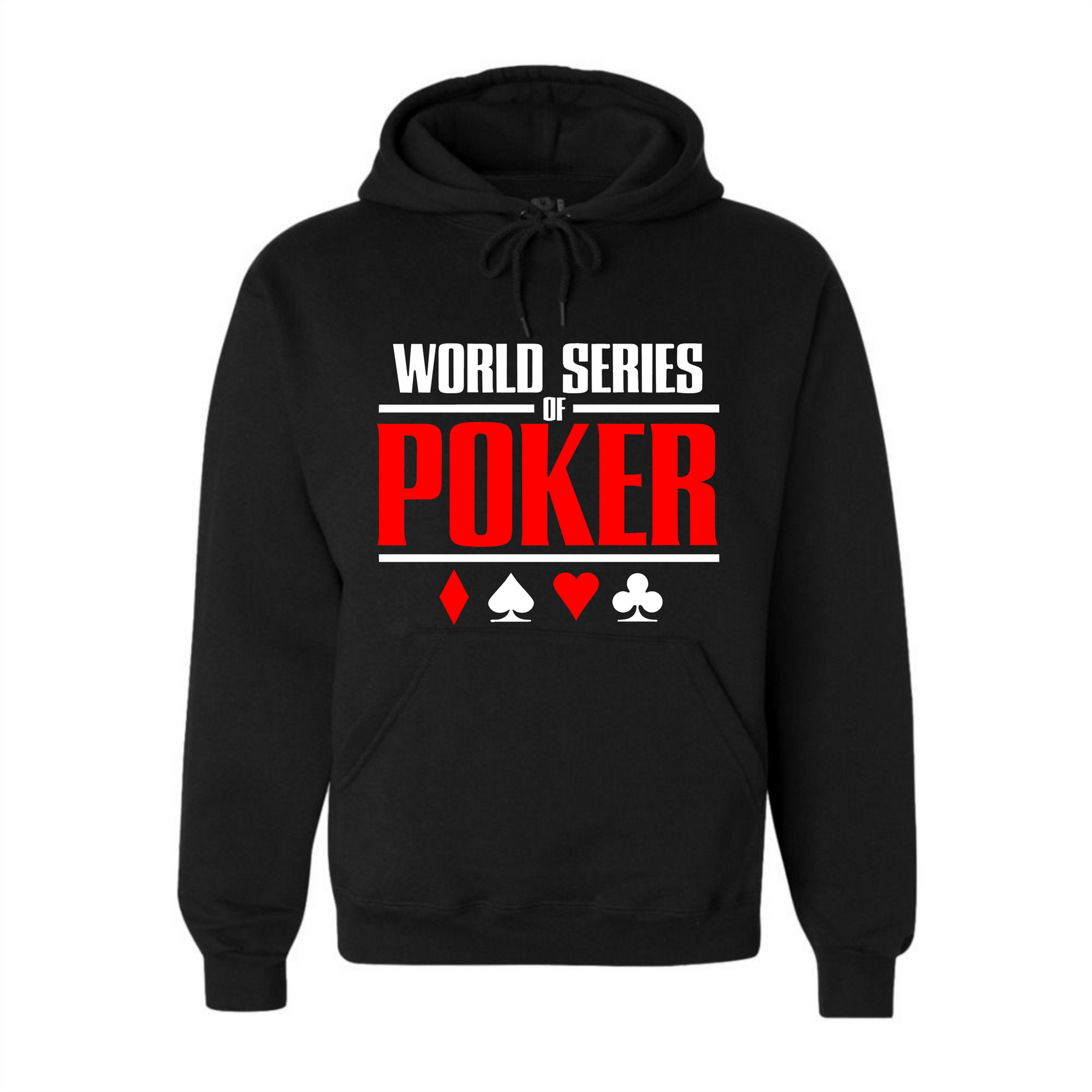 Sweat à capuche noir avec texte World Series of Poker et symboles de cartes.