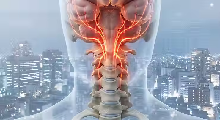 精密な頸椎(首の骨)の3Dレンダリング画像。上部頸椎(C1-C3)から頭部へ向かって、熱線のような赤い神経信号が立ち上っている様子を可視化。